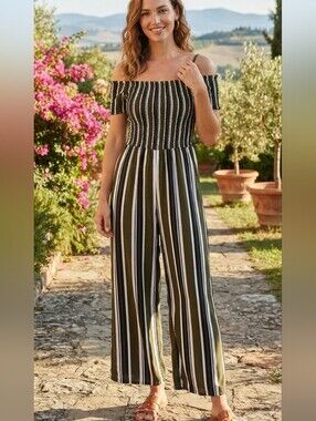 Stradivarius Olive and White Striped Off-Shoulder Jumpsuit